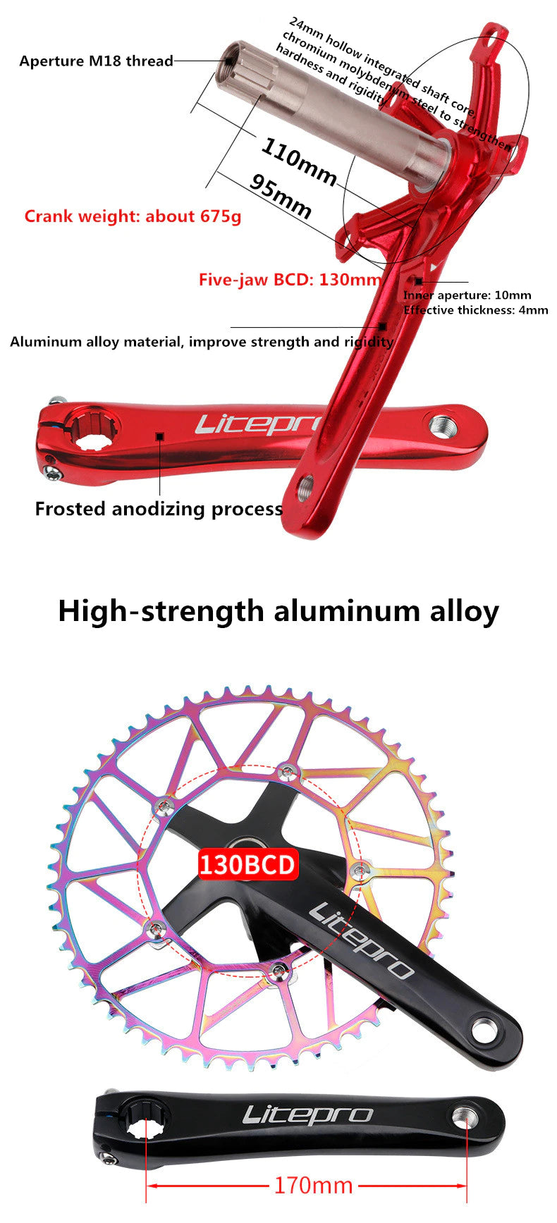 Litepro Hollow Chainring and Integrated Crankset 52T-58T BCD130mm 170mm Crank Arm